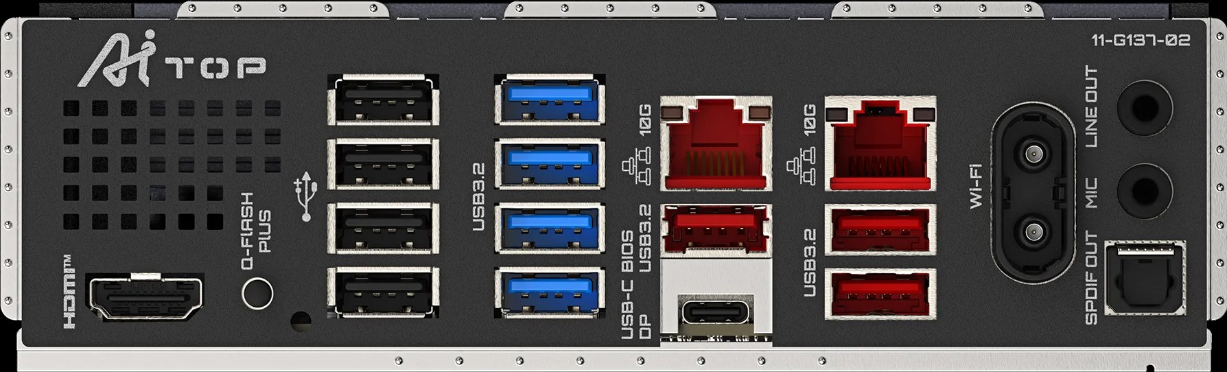 B850 AI TOPの背面端子、10GbE LANを2ポート搭載